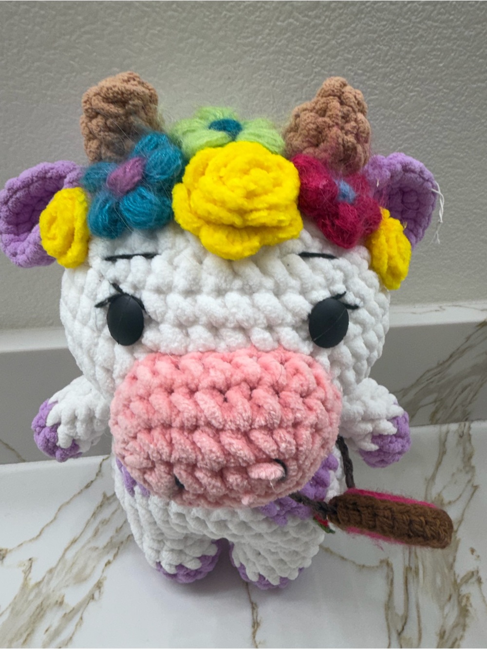 Handmade Plush Cow with Pink Snout & Purple Accents - Picture 3 of 4